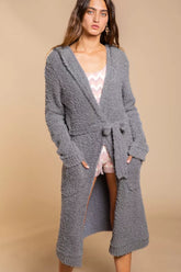 POL Berber fleece Tie Front Tunic Cardigan with Pockets GREY OutfitFlow